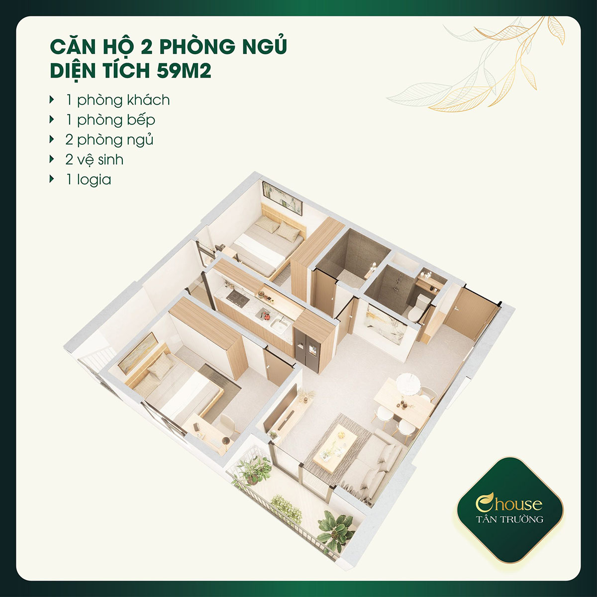 thiết kế căn 2PN Ehouse Tân Trường
