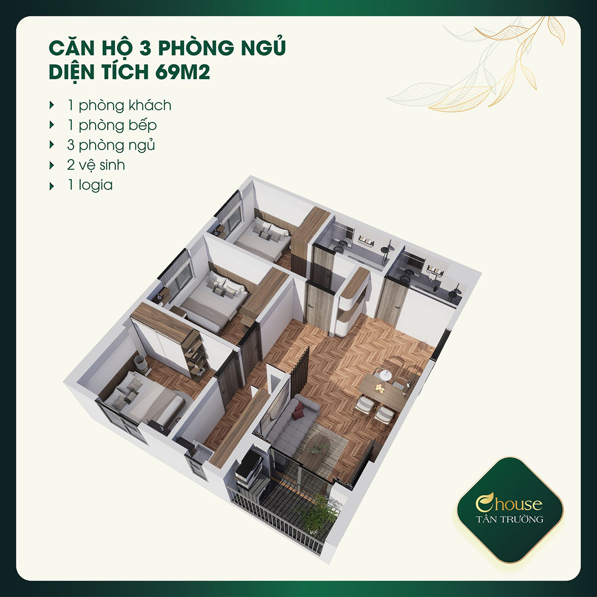 thiết kế căn 3PN Ehouse Tân Trường