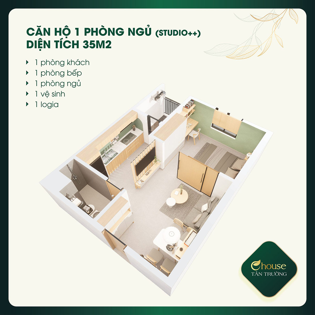 thiết kế căn 1 phòng ngủEhouse Tân Trường